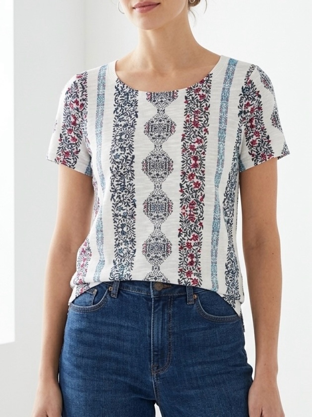 LOFT Outlet Cotton Boho Floral Vertical Stripe Cap Sleeve Knit Tee Top XS White